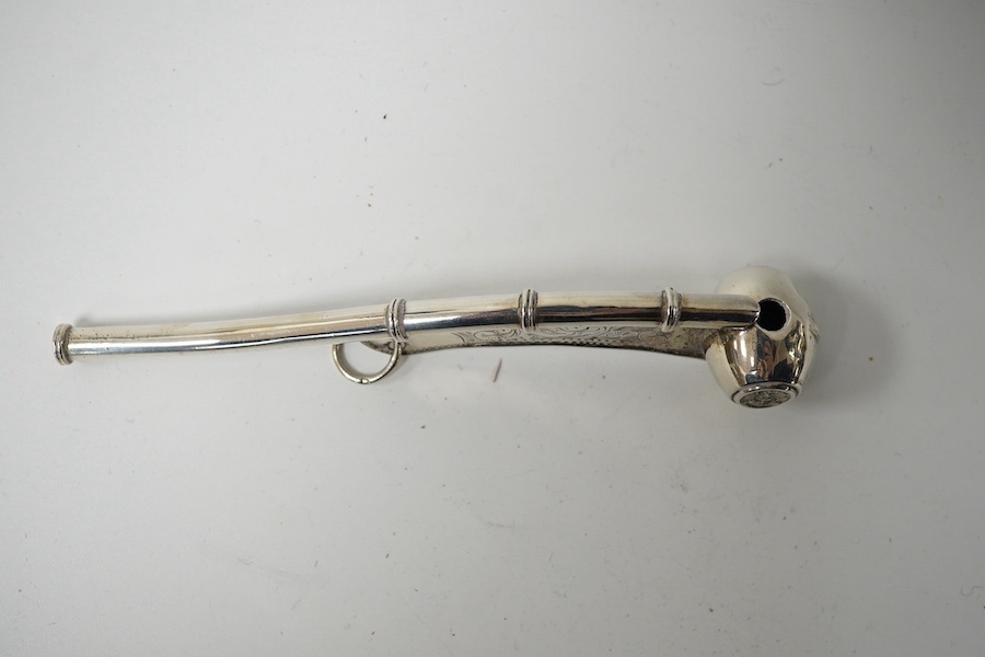 An Edwardian silver bosun's call, J. Hudson & Co, Birmingham, 1905, 12.8cm (repair). Condition - poor